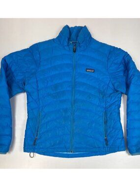 Patagonia Women Large Blue Down Sweater Full Zip Puffer Jacket Distressed